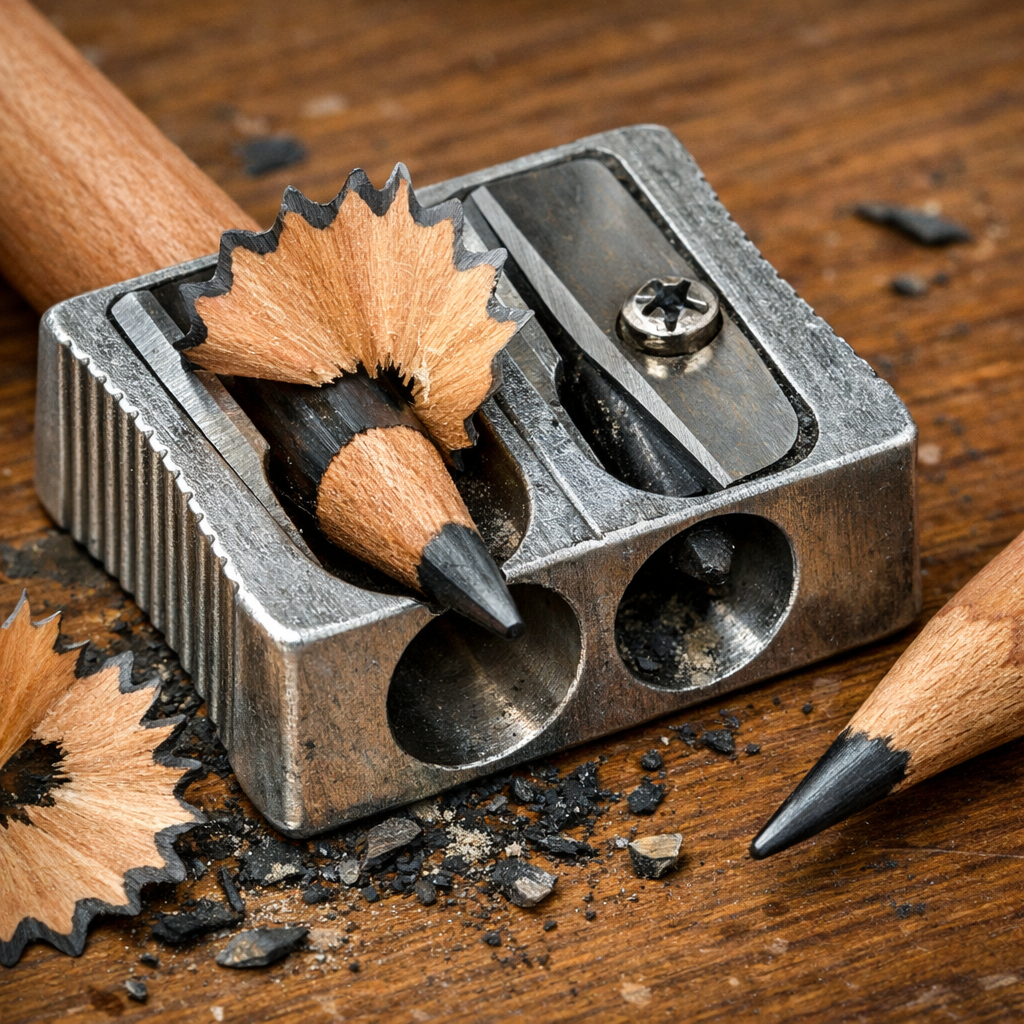 A realistic close‑up of a metal pencil sharpener with two holes, showing the wood‑cutting stage and the lead‑sharpening stage, on a wooden desk with graphite shavings. Alt: pencil sharpening angle for graphite tool.
