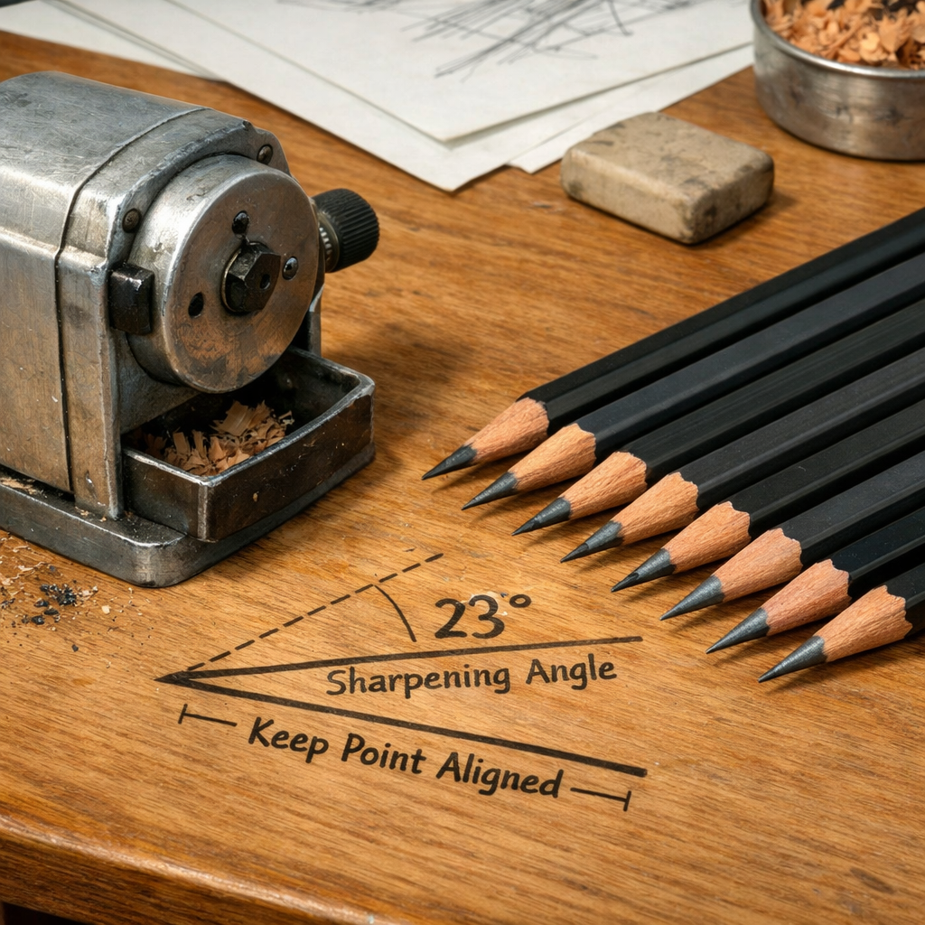 A realistic scene of an artist’s desk with a metal pencil sharpener, angle guide mark, and several graphite pencils of different grades neatly arranged. Alt: maintaining consistent pencil sharpening angle for graphite.