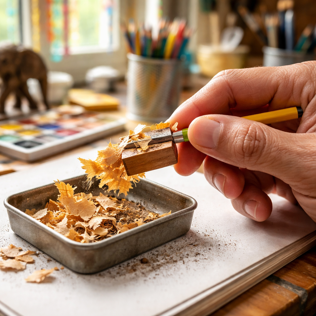 A photorealistic close-up of a hand sharpening a graphite pencil with a wooden handheld sharpener and shavings collected in a small tray, set in a bright Indian studio. Alt: pencil sharpening techniques close-up in a Mumbai studio.