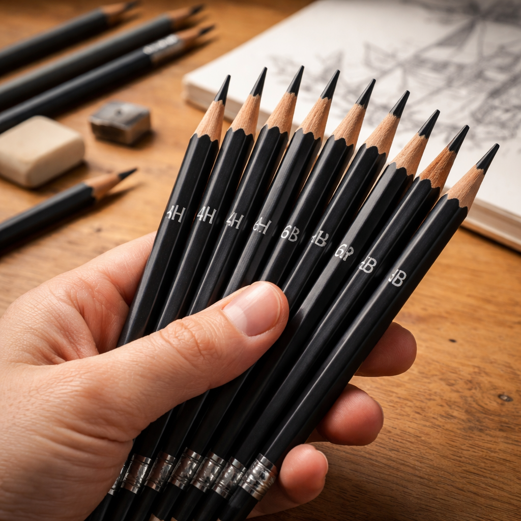 A photorealistic close‑up of a hand holding a range of graphite pencils from hard to soft on a wooden desk, showing the tips ready for line work. Alt: pencil hardness selection for detailed drawing