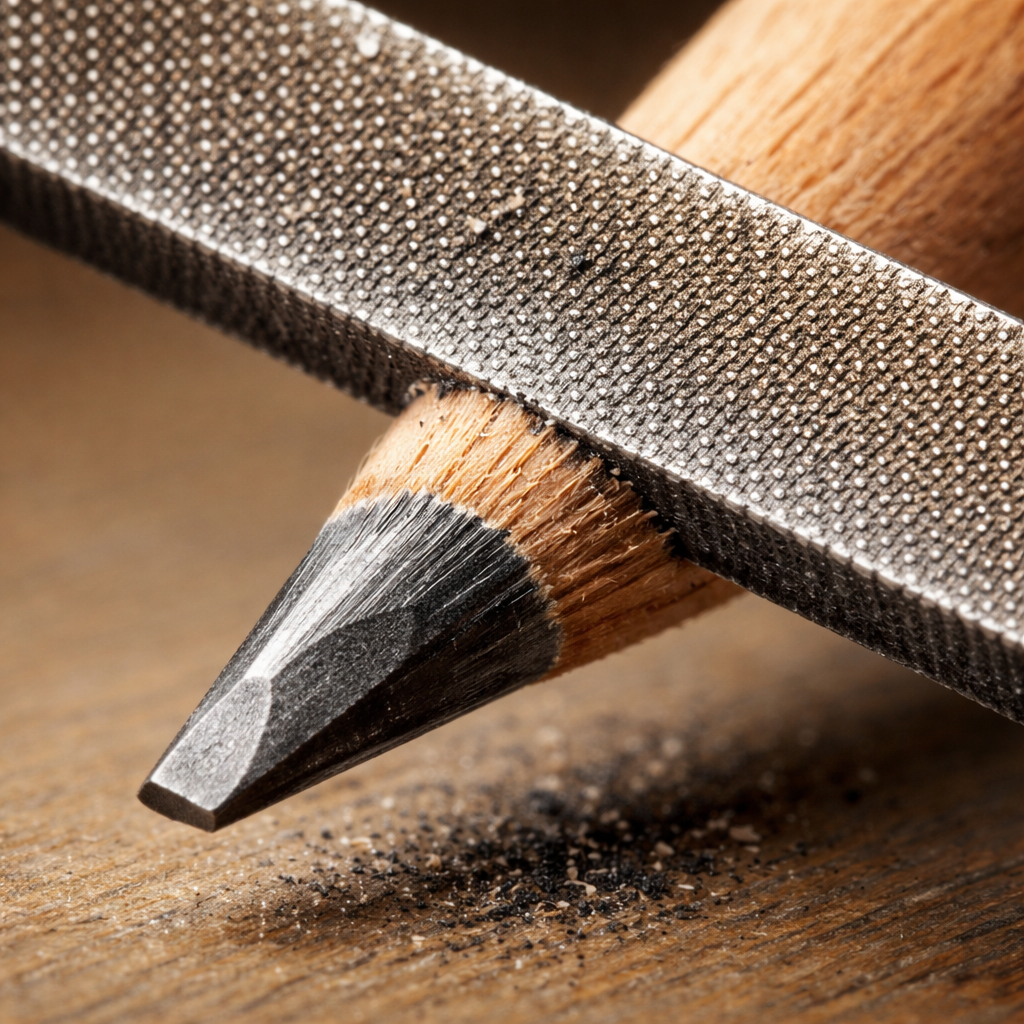 A realistic illustration of a pencil tip being shaped with a metal file, showing the transition from round to chisel. Alt: ideal tip shape for detailed line work