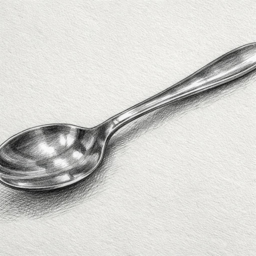 A realistic hand‑drawn sketch of a stainless steel spoon on textured paper, showing light reflections and soft shadows. Alt: sketch of metal spoon with shading techniques for metal surfaces.