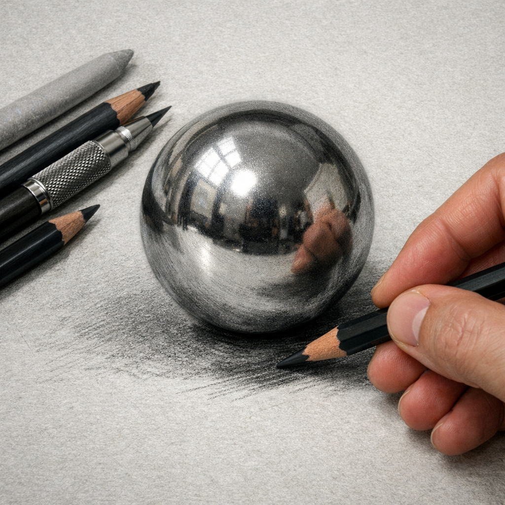 A realistic close‑up of a hand holding a graphite pencil, shading a shiny metal sphere on textured paper, in Realism style, alt: pencils for drawing reflective surfaces shading metal sphere