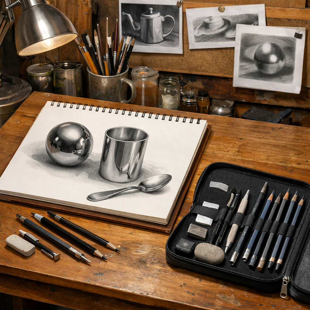 A realistic studio setup with a wooden drawing table, a sketchbook, pencils, and a protective case, in Realism style, alt: artist studio with pencils for drawing reflective surfaces