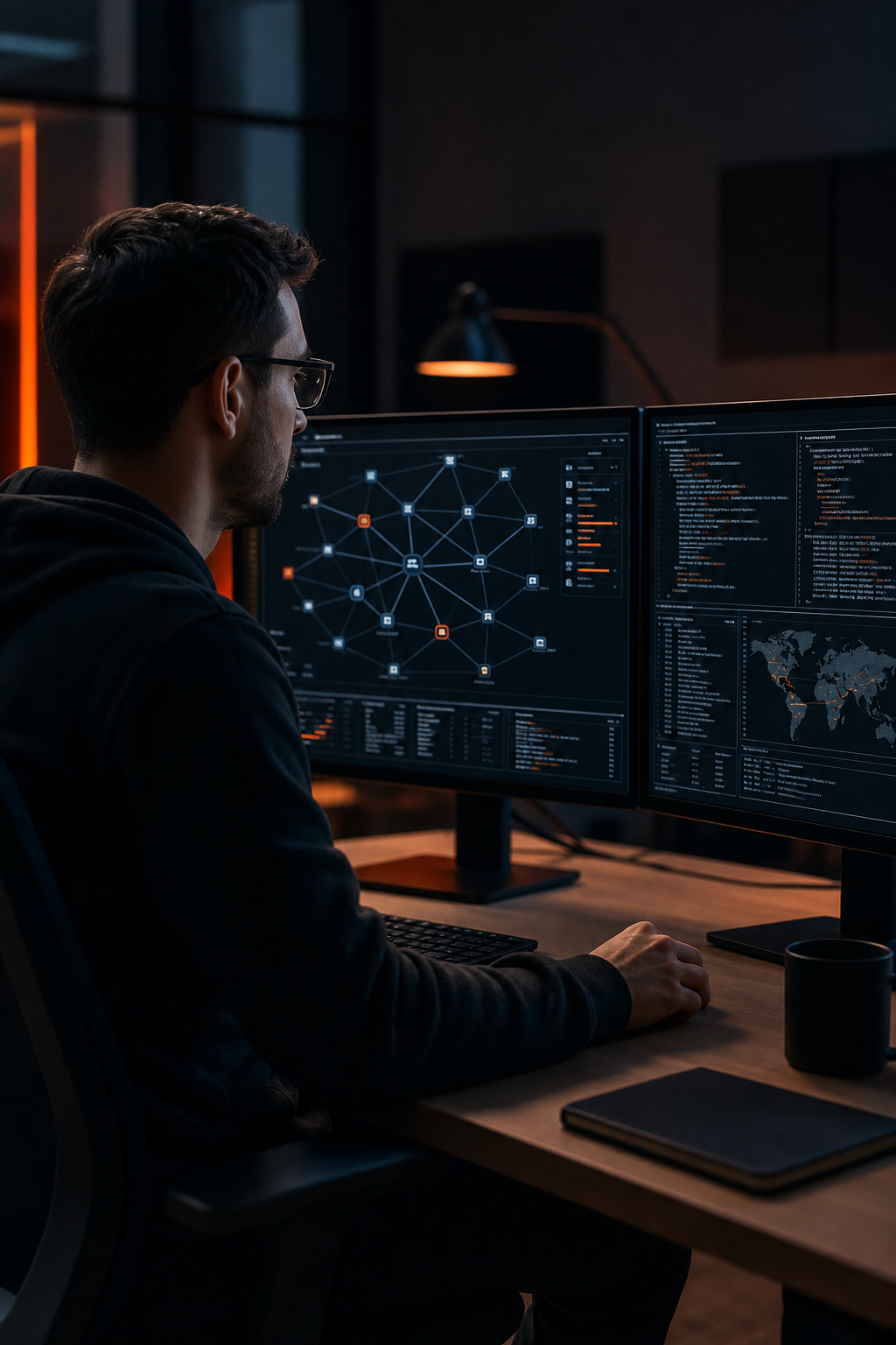 A cybersecurity professional sitting at a dual-monitor workstation in a dimly lit office, analyzing network maps and security dashboards with code on the screens, in a realistic editorial style with orange accent lighting. Alt: penetration testing services security analyst reviewing network vulnerabilities on monitors.