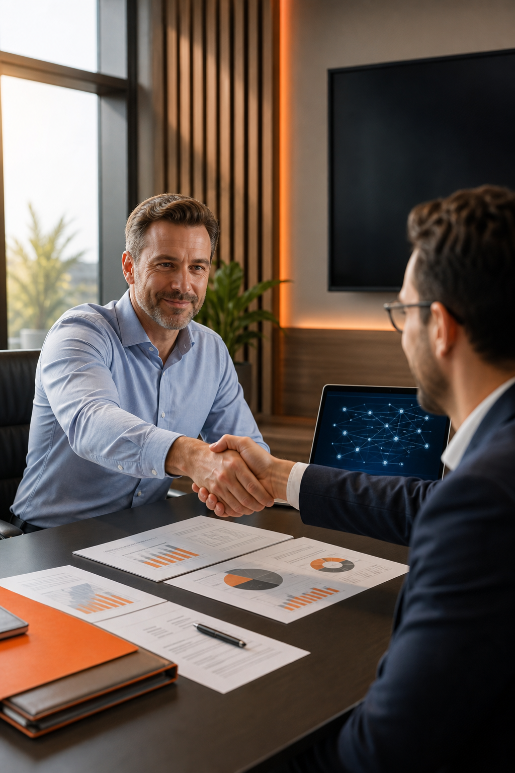 A business owner in a modern conference room shaking hands with a cybersecurity consultant across a table covered with printed security assessment reports and a laptop showing network diagrams, realistic editorial style with warm natural lighting and orange accent tones. Alt: selecting a qualified penetration testing provider during a business consultation meeting.