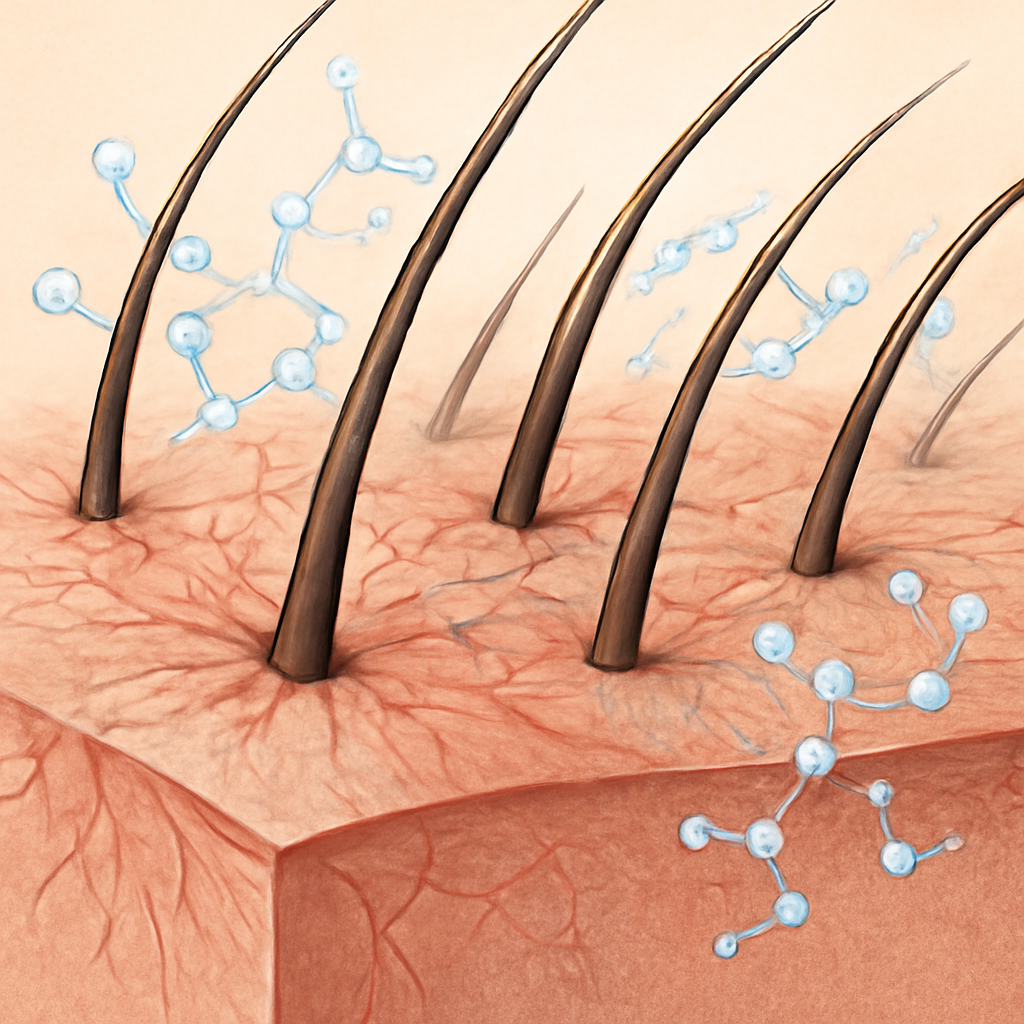 A close‑up illustration of a scalp showing well‑vascularised follicles, with a subtle overlay of peptide molecules. Alt: “Illustration of peptide hair growth serum mechanism on a healthy scalp.”