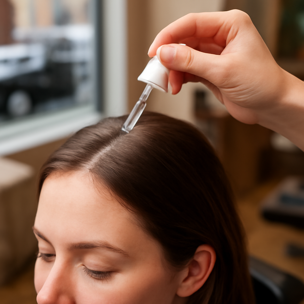 A close‑up of a hand applying a clear peptide serum onto a scalp with a soft focus background of a relaxed salon setting. Alt: Peptide hair growth serum application on scalp.
