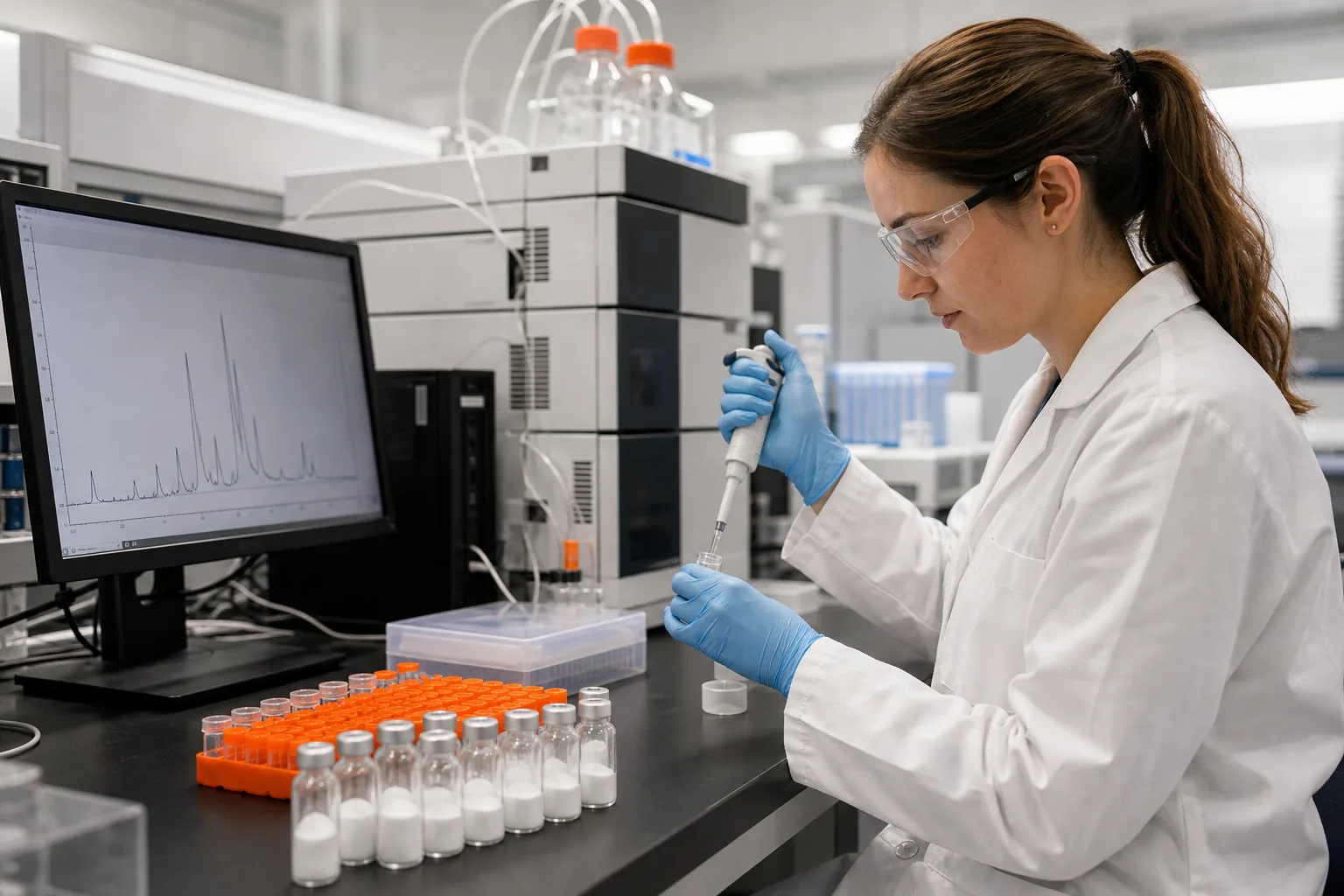 Laboratory equipment used to assess peptide purity and identity.