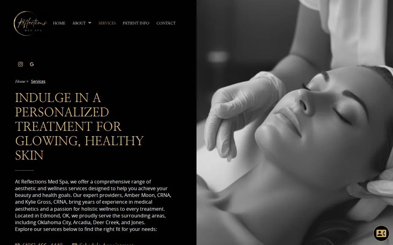 Screenshot of the Reflections Med Spa website