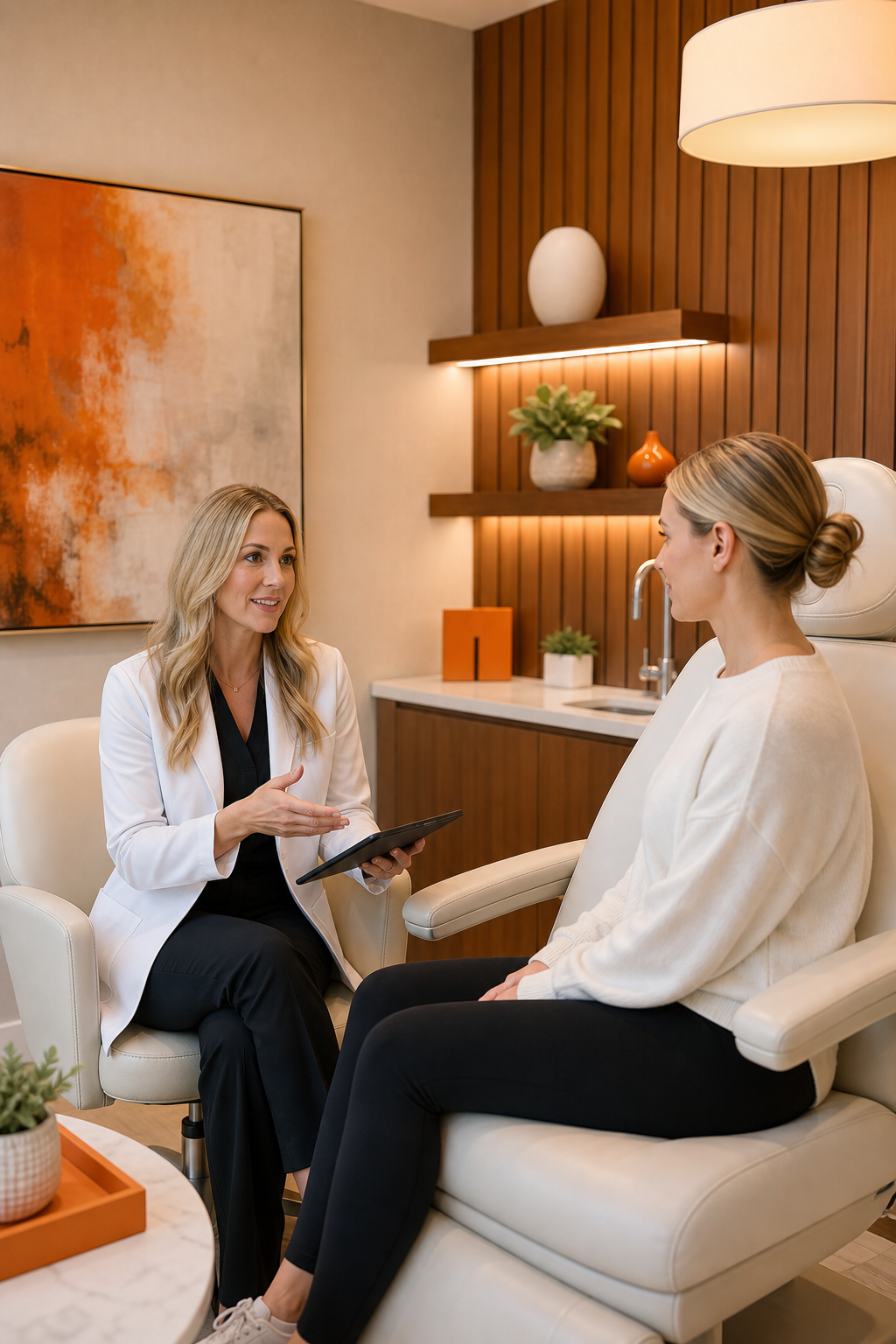 A warm, upscale medical spa consultation room with a licensed clinician discussing a wellness plan with a client, soft lighting, clean modern interior with warm wood accents and white furnishings, brand color orange visible in accent decor. Alt: peptide therapy consultation at a luxury medical spa in Edmond OK.