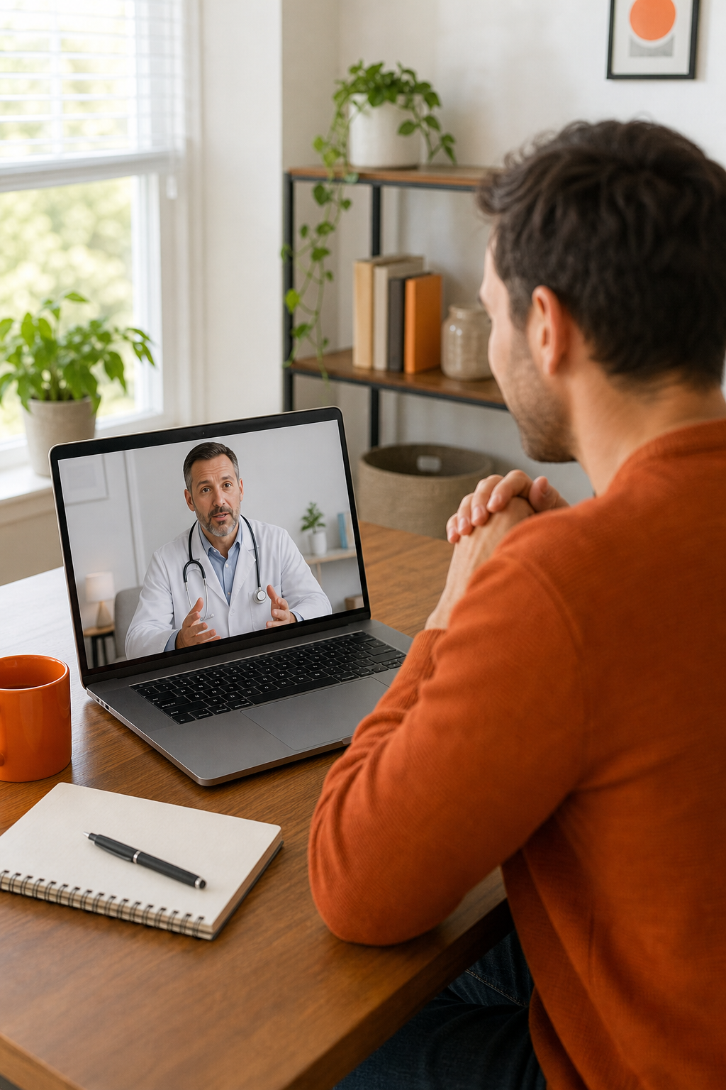 A person in a bright home office setting having a video consultation on a laptop with a licensed physician, natural window light, warm and professional atmosphere. Alt: telehealth peptide therapy consultation for Edmond Oklahoma residents.