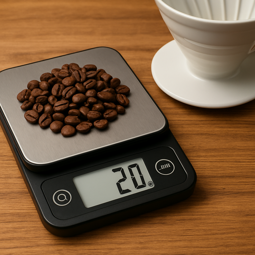 A close‑up of a digital kitchen scale showing 20 g of coffee beans beside a pour‑over dripper, with a wooden countertop backdrop. Alt: Measuring coffee grounds for pour over coffee ratio
