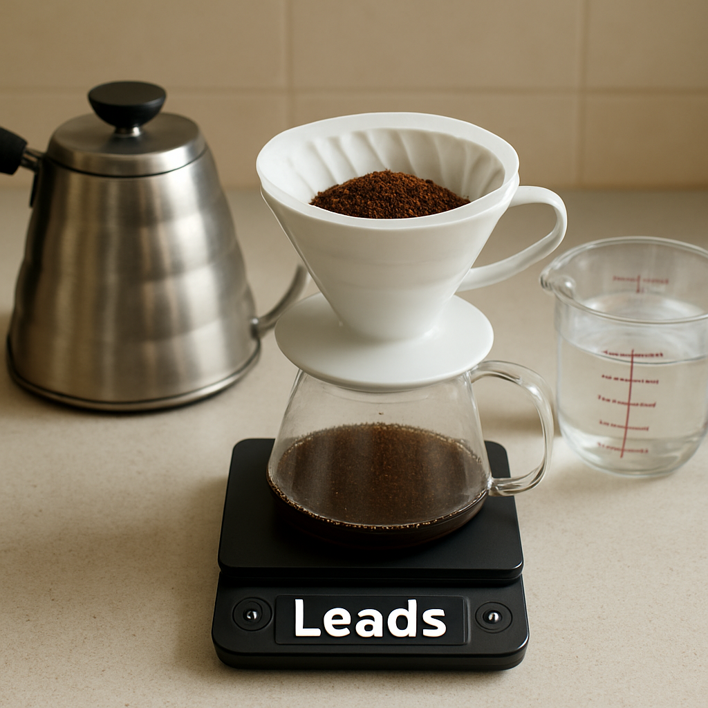 A pour‑over setup on a kitchen countertop, showing a scale with coffee grounds, a gooseneck kettle, and a measuring cup of water beside a V60 dripper. Alt: Calculating water amount for pour over coffee ratio
