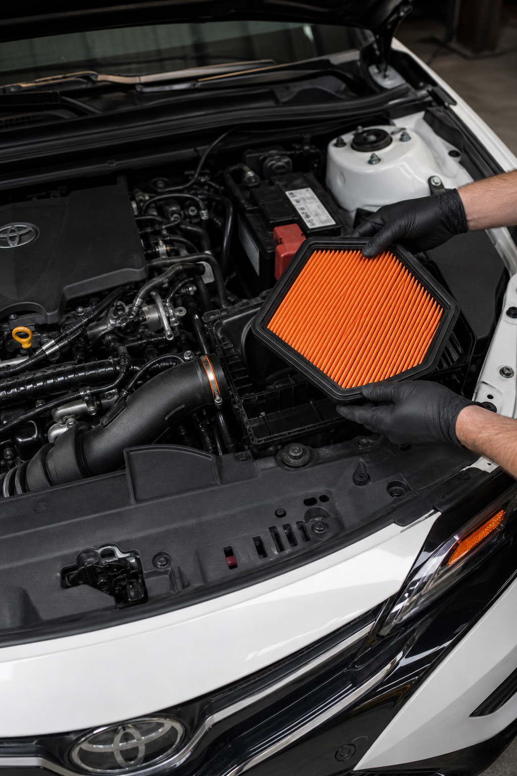 An open engine bay of a 2020 Toyota Camry with a dry performance air filter being installed. Alt: Installing dry performance air filter on 2020 Camry.