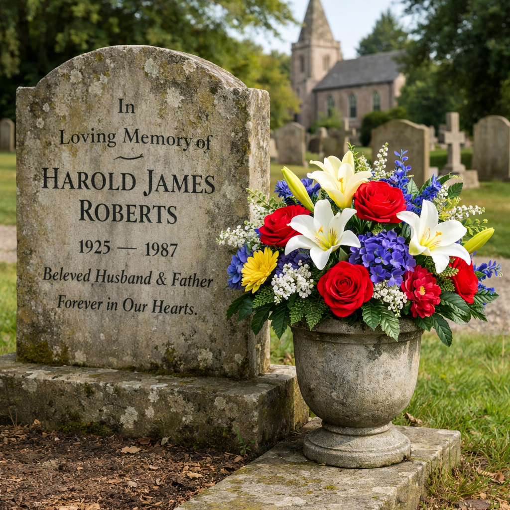 A serene UK cemetery scene showing a weather‑resistant silk flower arrangement in a stone vase beside a historic headstone, Realism style, Alt: proper placement of permanent grave flowers