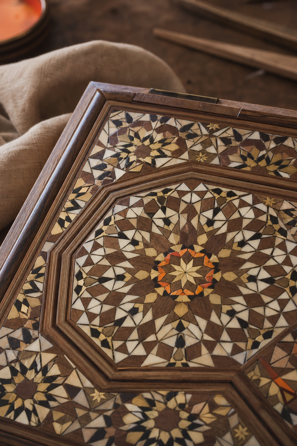 Close-up of Persian khatam marquetry inlay showing a geometric star pattern in wood, bone and brass.