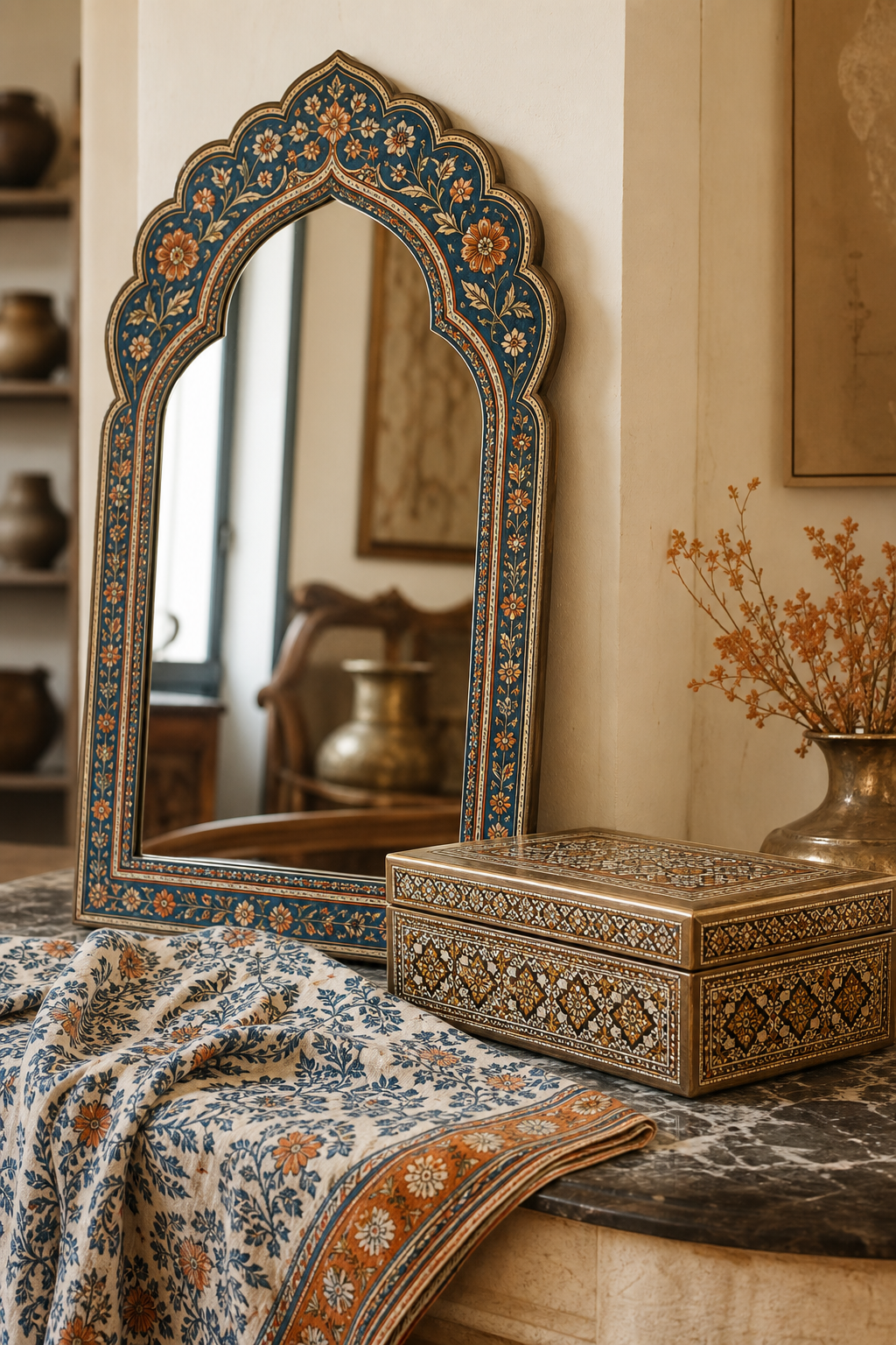 Styled Persian decor objects including a hand-painted mirror, a khatam marquetry box and a block-printed cotton textile in a warm interior setting.