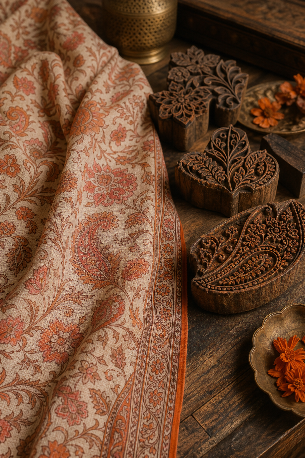 Ghalamkari block print motifs showing floral and paisley patterns on hand-printed Persian textile.