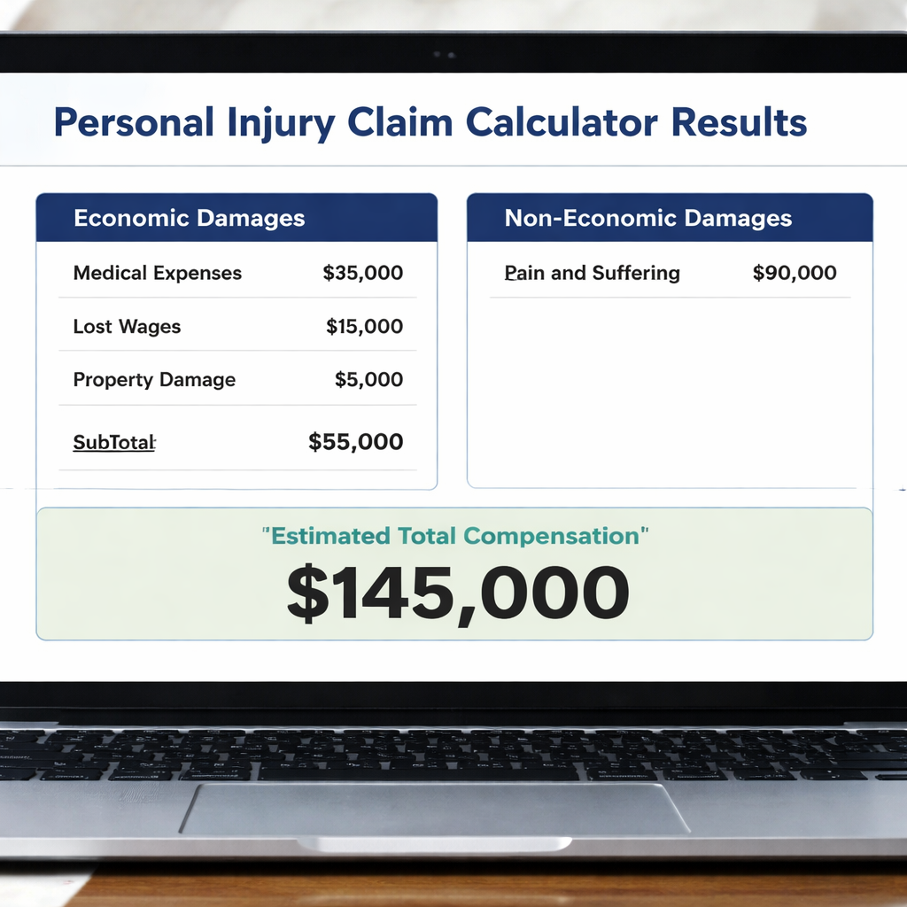 A photorealistic screenshot of a personal injury claim calculator result page showing separate boxes for economic and non‑economic damages. Alt: interpreting calculator results for personal injury claim