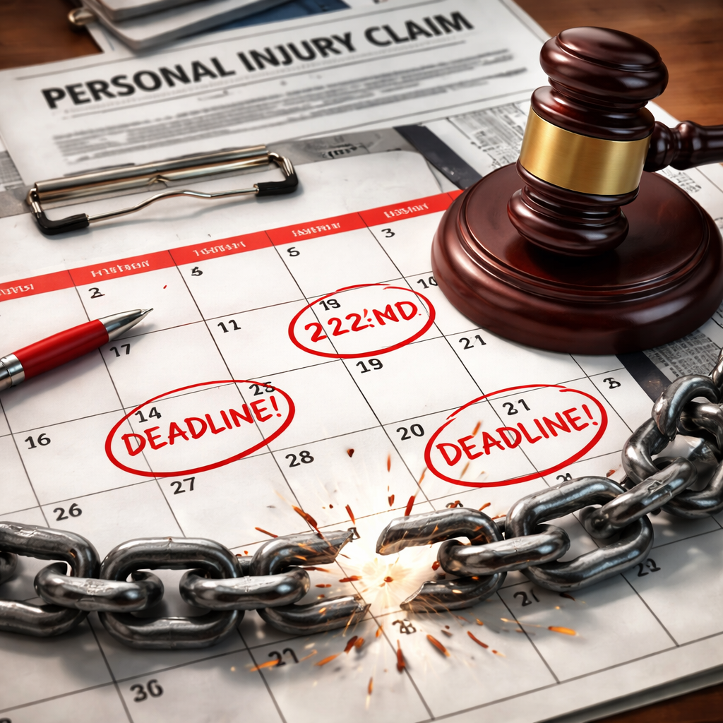A photorealistic illustration of a calendar with red deadline dates highlighted, a gavel, and a broken chain symbolizing missed deadlines. Alt: personal injury claim deadline extensions and consequences