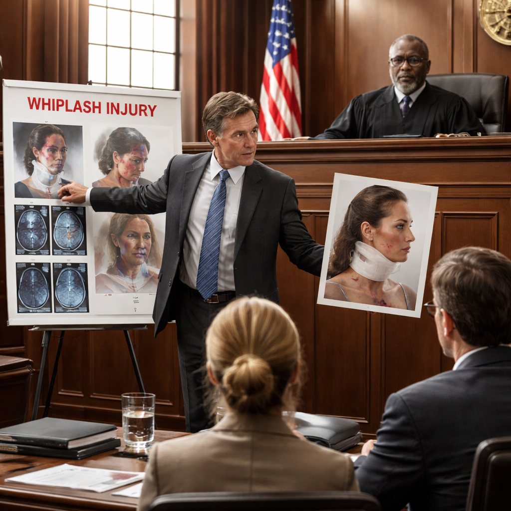 A photorealistic illustration of a courtroom scene where a plaintiff’s lawyer presents medical charts and photographs to a judge, highlighting whiplash injury evidence. Alt: whiplash claim courtroom, evidence presentation, lawyer, judge.