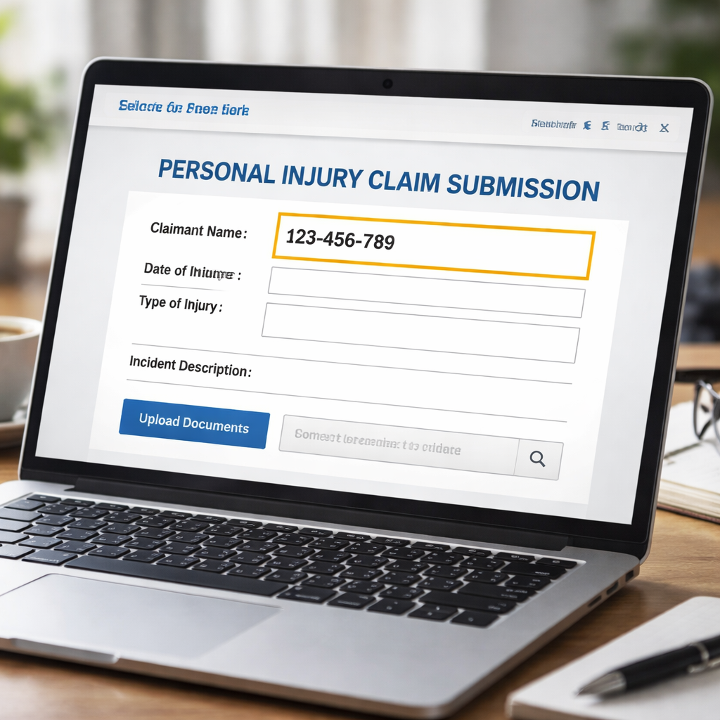 A photorealistic illustration of a computer screen showing an e‑filing portal for personal injury claims, with a highlighted claim number field. Alt: online personal injury claim form submission