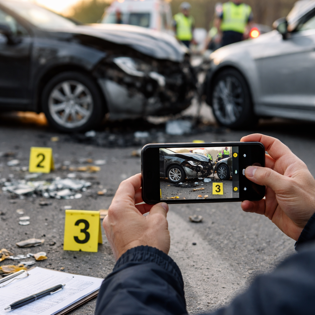 A photorealistic scene of a person taking photos of a car accident with a smartphone, showing evidence collection. Alt: personal injury evidence collection visual