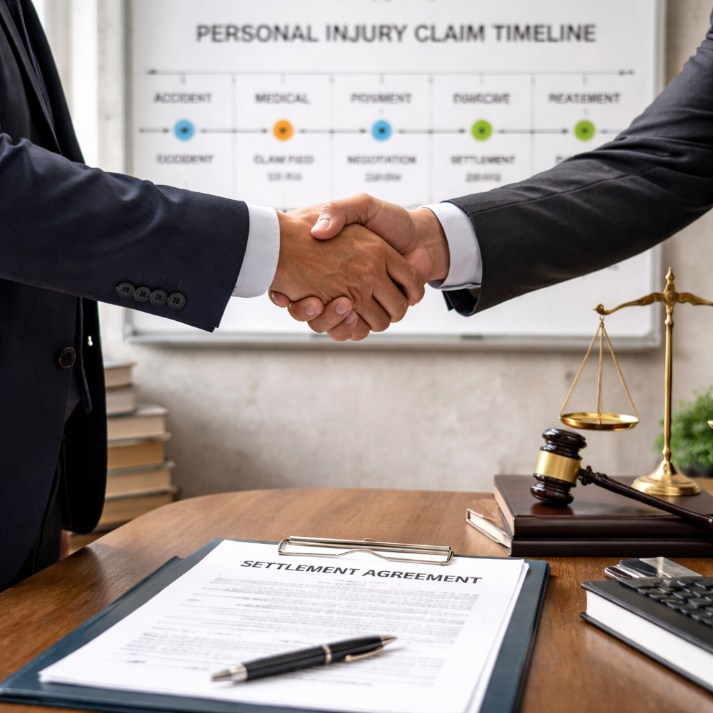 A photorealistic image of two lawyers shaking hands over a settlement agreement document, with a calendar showing the timeline behind them. Alt: personal injury claim timeline settlement negotiation