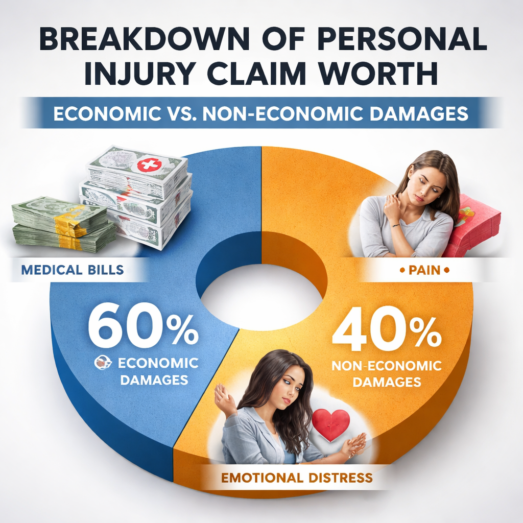 A photorealistic infographic showing a pie chart of economic vs non‑economic damages, with icons for medical bills, lost wages, pain, and emotional distress. Alt: breakdown of personal injury claim worth damages.