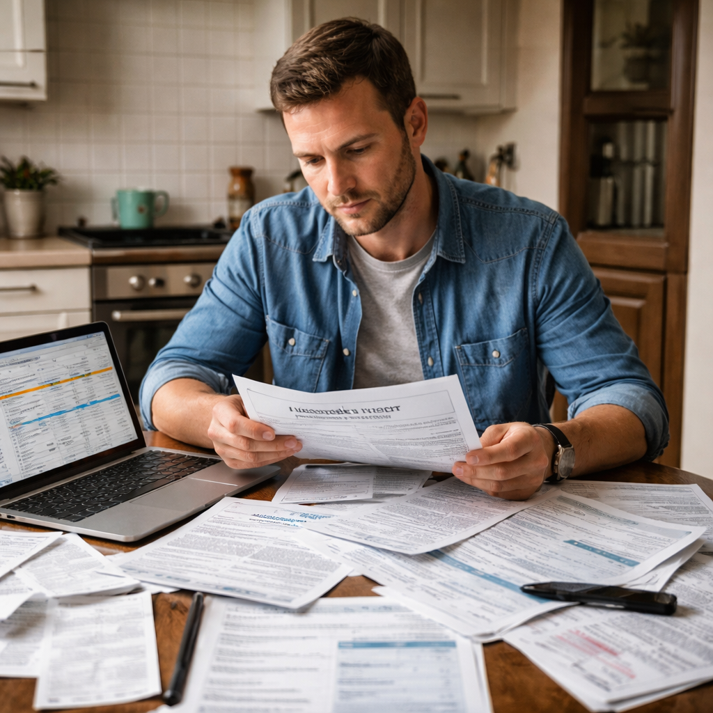 A photorealistic scene of a person sitting at a kitchen table, spreading out printed accident reports, medical bills, and a laptop showing a timeline spreadsheet, natural lighting, focused expression. Alt: personal injury lawyer no win no fee claim documentation preparation