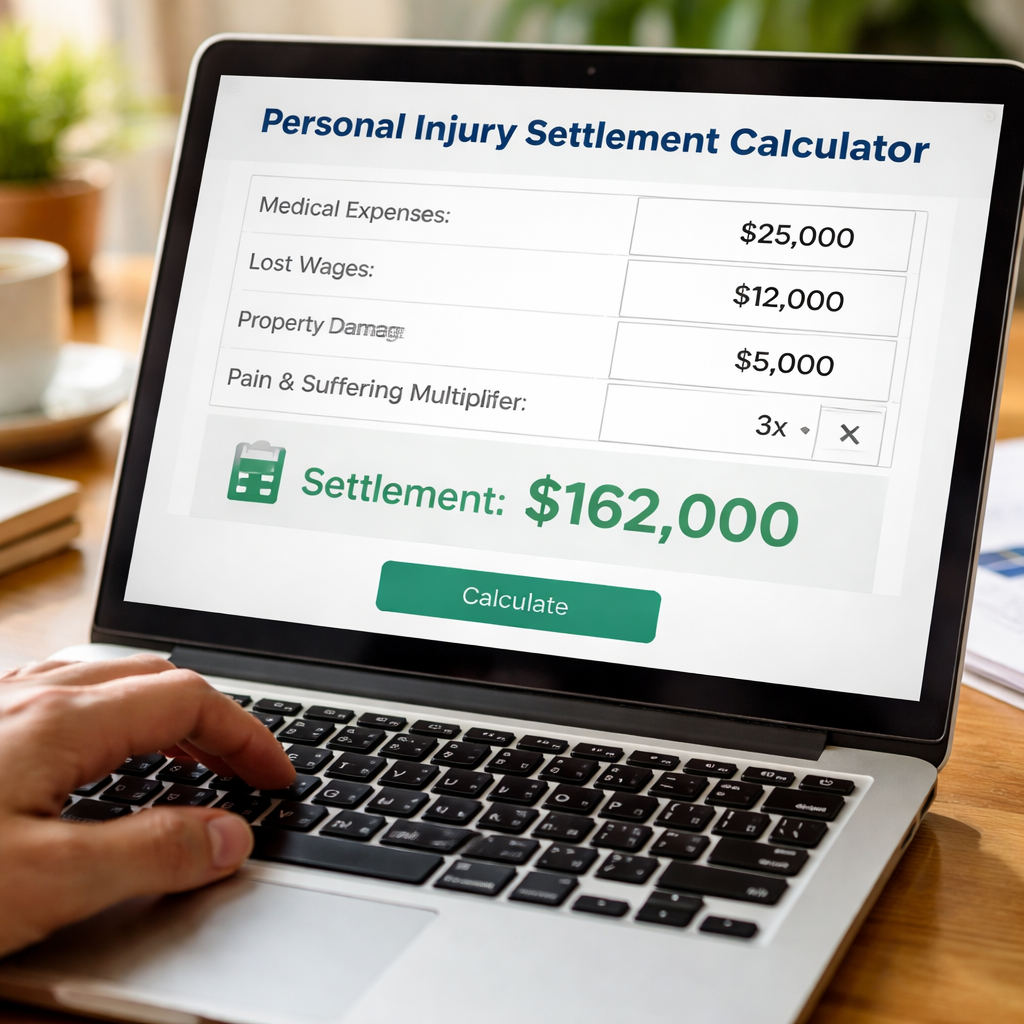 A photorealistic close‑up of a laptop screen showing a personal injury settlement calculator with numbers, a hand typing, natural lighting. Alt: personal injury settlement calculator estimate.