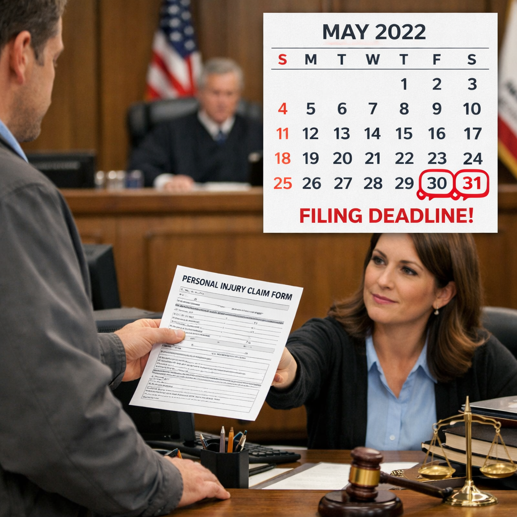 A photorealistic courtroom scene showing a plaintiff handing a completed claim form to a clerk, with a calendar overlay highlighting a looming deadline. Alt: courtroom filing process for personal injury statute of limitations california