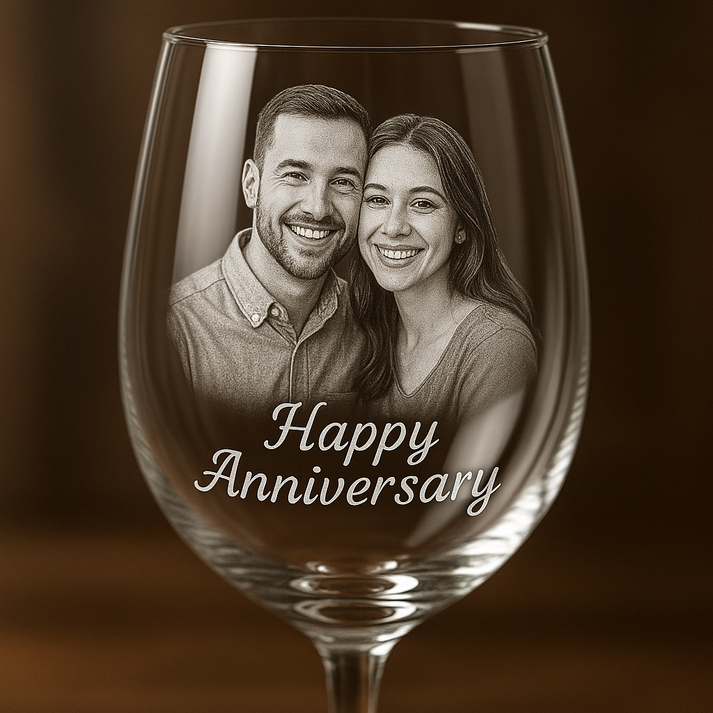 Close up of a custom photo wine glass with engraved text and a smiling couple’s portrait, showcasing elegant craftsmanship. Alt: Custom photo wine glass gift with engraved text and portrait.
