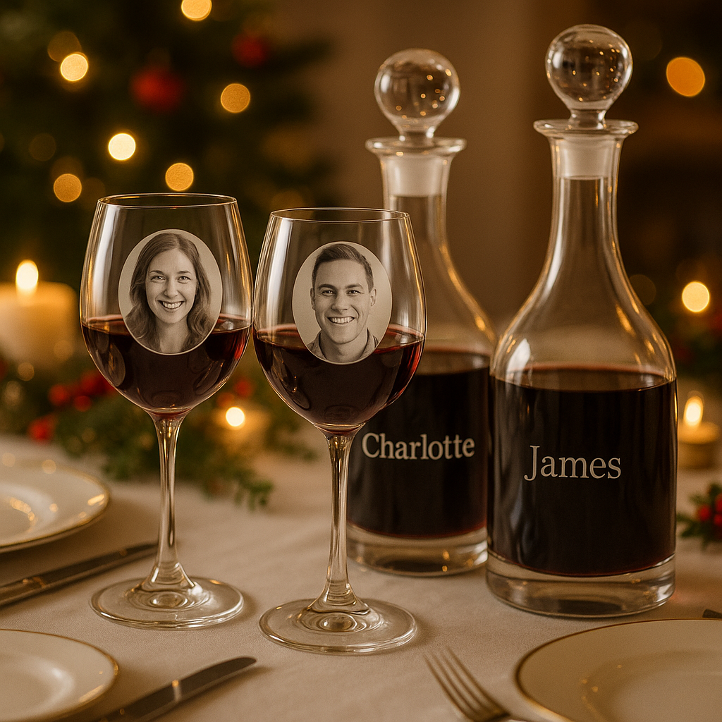 A festive table set-up with personalized photo wine glasses and matching engraved decanters, bathed in warm light. Alt: Custom photo wine glass gift paired with engraved decanters at celebration.