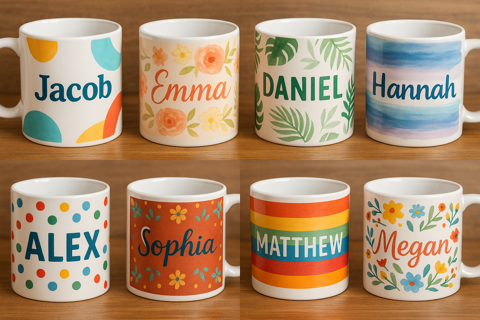 A colorful collection of custom name coffee mugs showcasing various designs. Alt: Custom name coffee mugs with personalized designs.