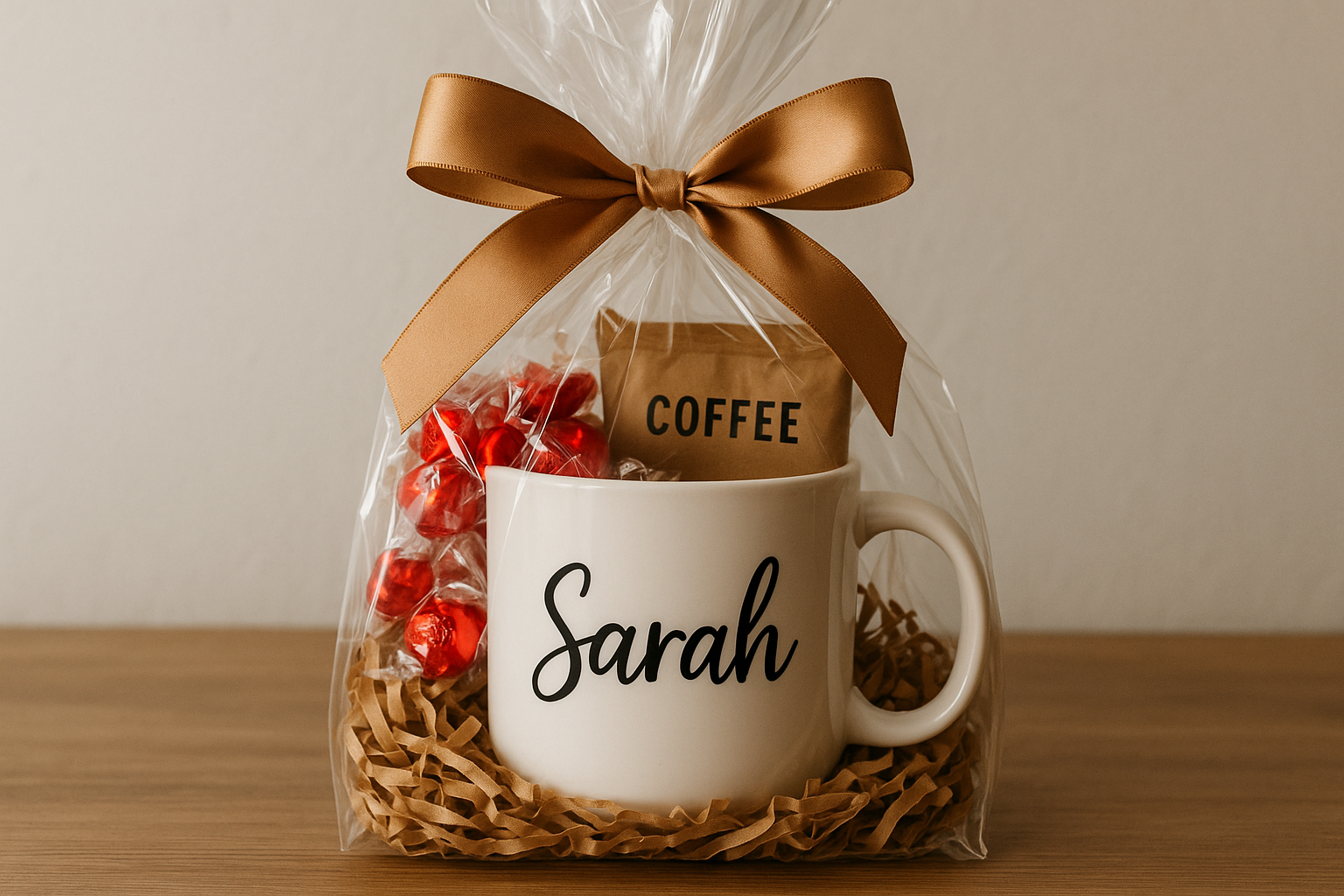 A beautifully wrapped custom name coffee mug gift set. Alt: Custom name coffee mug gift set with candies and coffee.