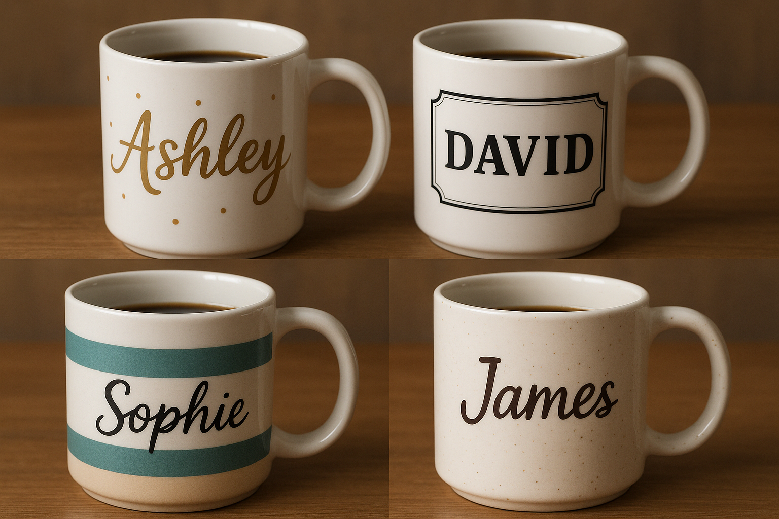 A selection of custom name coffee mugs available online. Alt: Different designs of custom name coffee mugs for purchase.