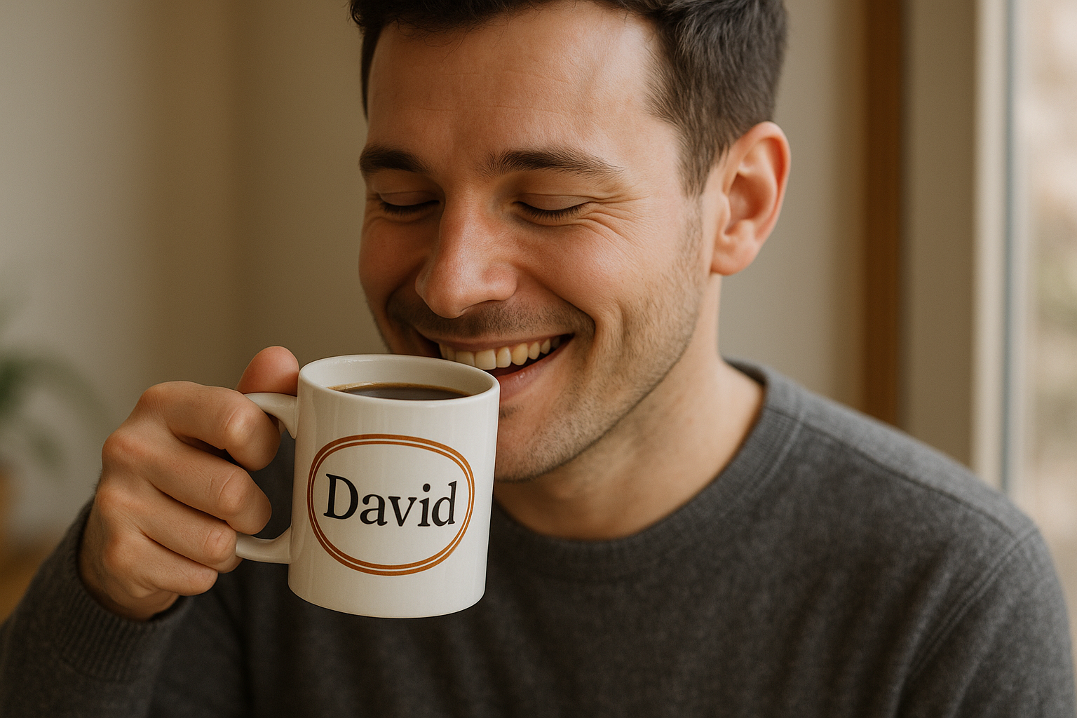 A person delighting in a cup of coffee from a custom-designed mug. Alt: A happy person enjoying coffee from a personalized custom name coffee mug.