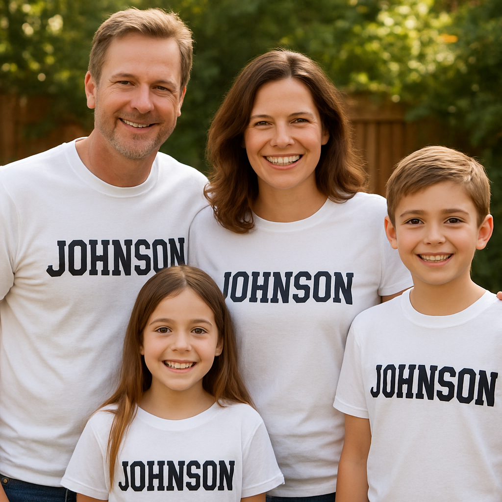 A family gathered wearing matching personalized name t shirts, smiling in a backyard setting. Alt: personalized family name t shirts gathering.