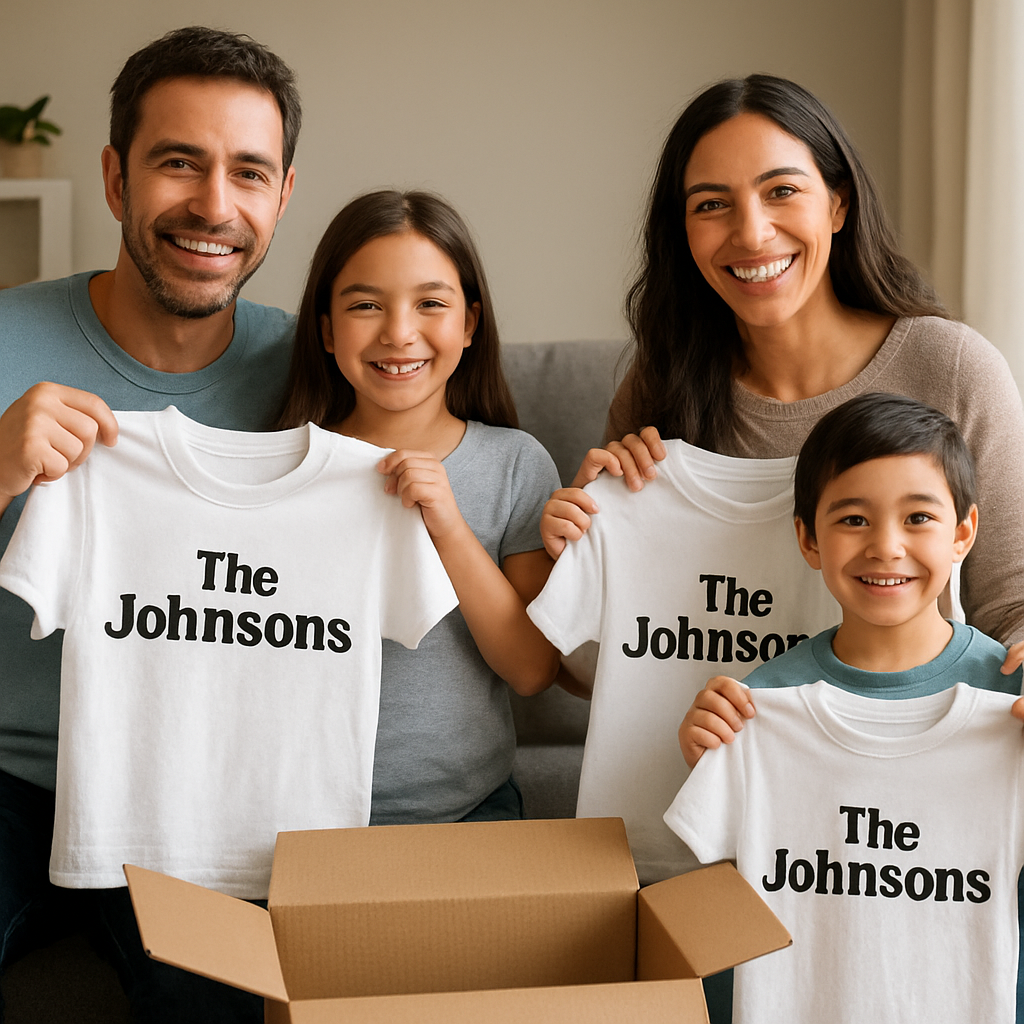 A family opening a delivery box filled with matching personalized family name t shirts, smiling and holding them up. Alt: personalized family name t shirts freshly unpacked and ready to wear.
