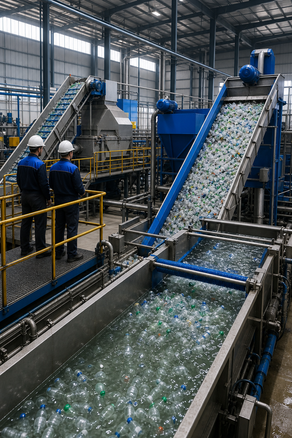 A realistic industrial recycling line with conveyors, crushers, and washing tanks for PET bottles, showing workers in safety gear overseeing the process. Alt: pet bottle recycling machine specifications and capacity