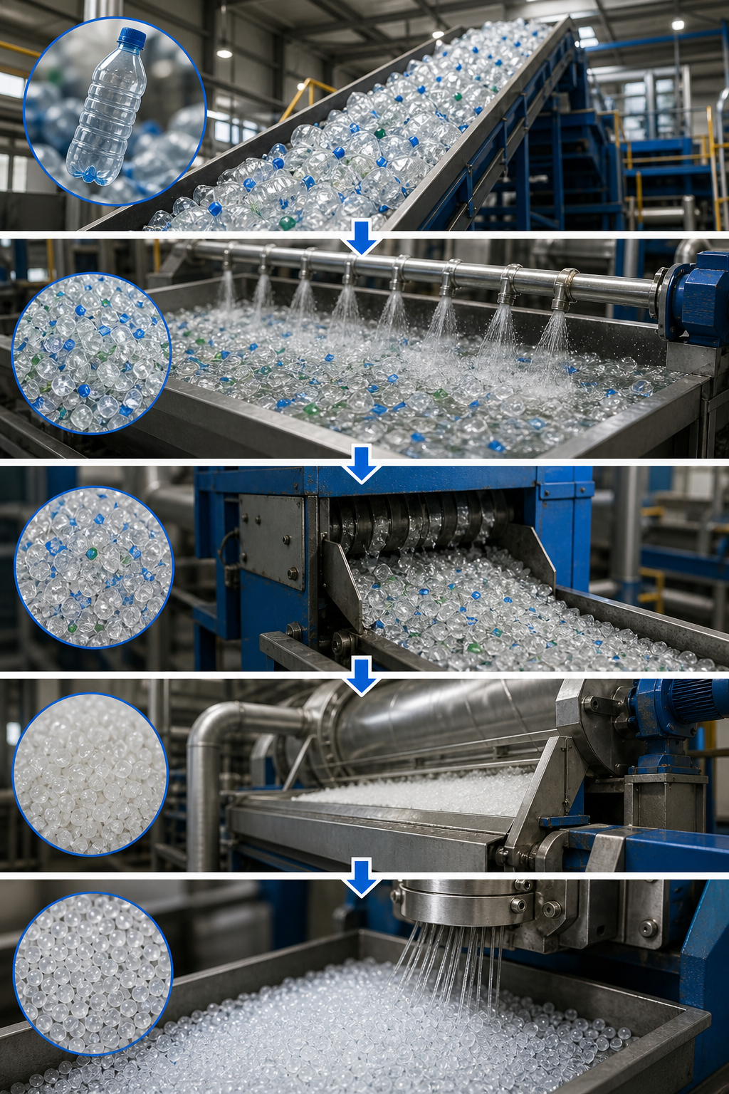 A detailed diagram of the PET bottle recycling process, highlighting washing, crushing, drying, and pelletizing stages. Alt: step-by-step recycling process for PET bottles