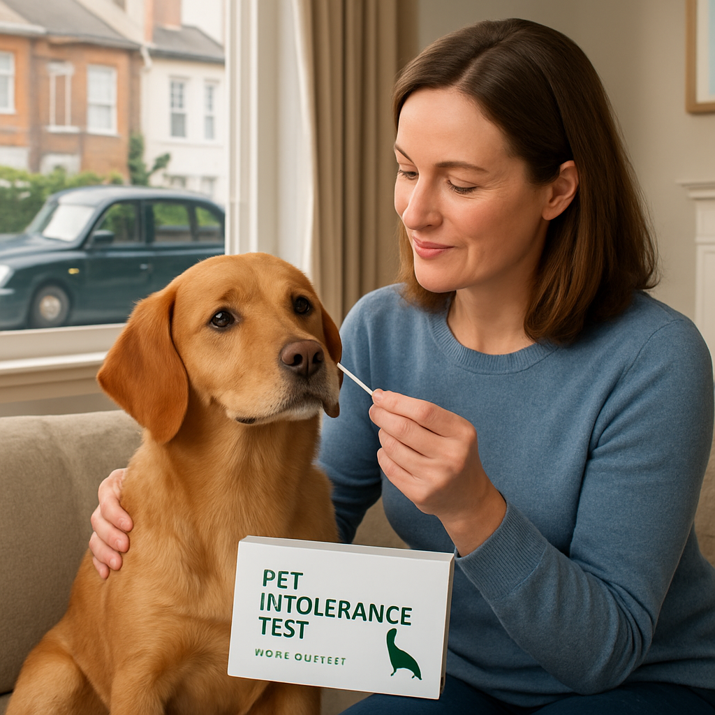 A playful scene of a dog and its owner in a cosy living room, the owner gently swabbing the dog's cheek with a sterile swab, showcasing at-home testing. Alt: Dog owner using pet intolerance test kit at home.