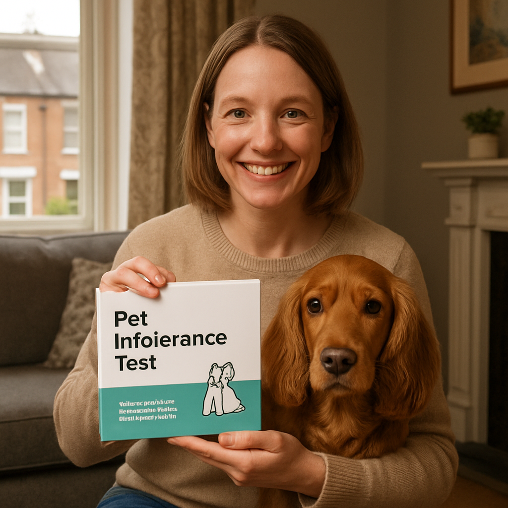 A friendly dog owner holding a pet intolerance test kit, smiling in a cosy UK living room. Alt: dog test kit owner