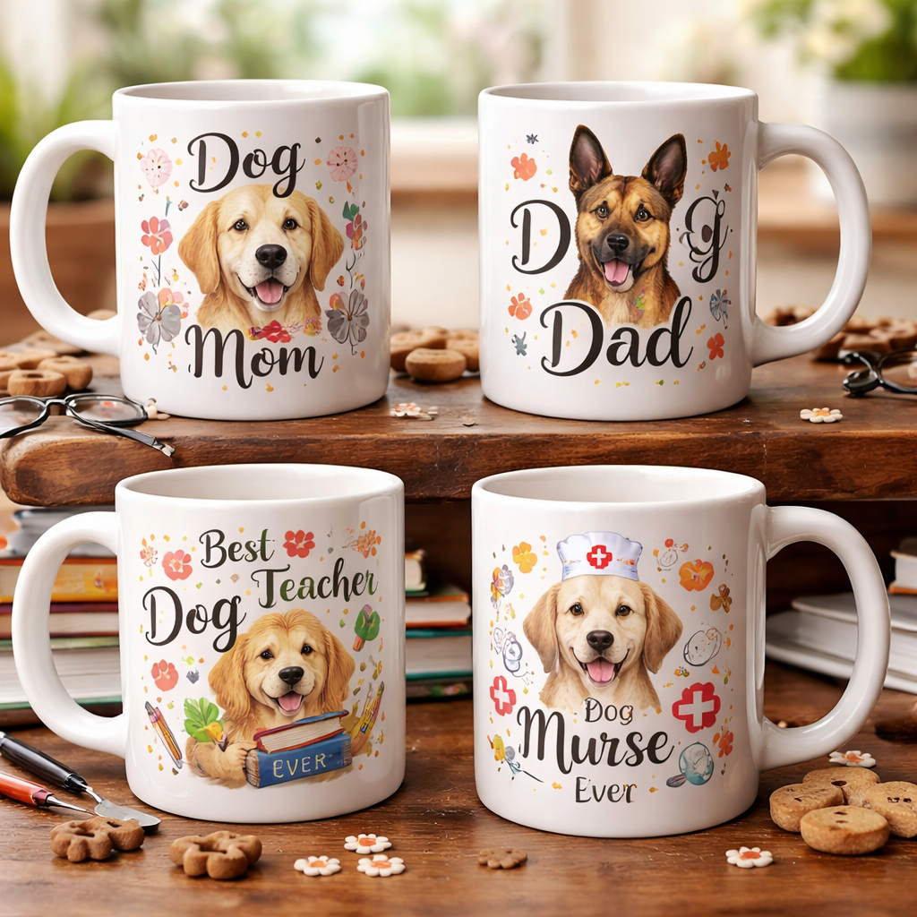 A descriptive prompt for an AI image generator, related to the surrounding text. Alt: Realistic dog-themed mug designs for moms, dads, teachers, and nurses.