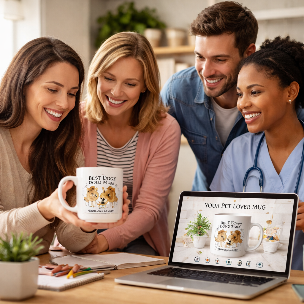 A Realism image showing a mom, dad, teacher, and nurse admiring a pet-themed mug gift on a desk with a laptop open showing a mockup in a cozy home office. Alt: Realistic lifestyle scene of a pet lover mug gift print on demand setup for families and caregivers.