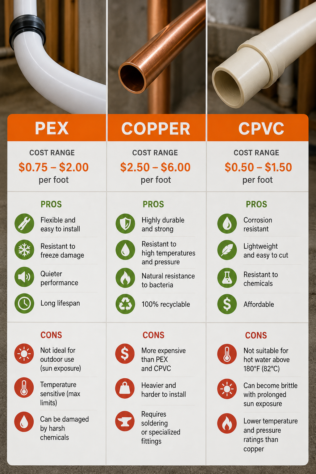 A comparison infographic showing three sections: PEX, Copper, and CPVC. Each section includes a sample pipe segment, a cost range label, and key pros/cons in simple icons. Realistic style. Alt: PEX vs copper vs CPVC cost comparison infographic.