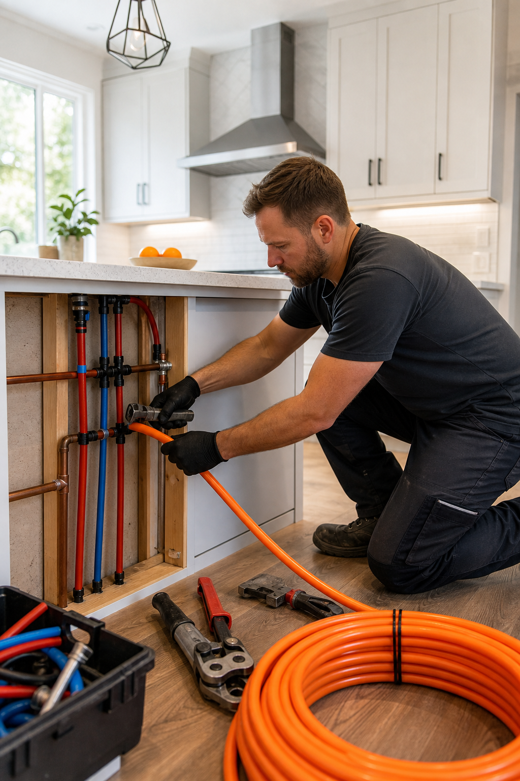 A realistic photo of a Repipe OC technician installing PEX piping inside a modern Orange County kitchen, showing flexible tubing and professional tools, bright natural lighting, alt=