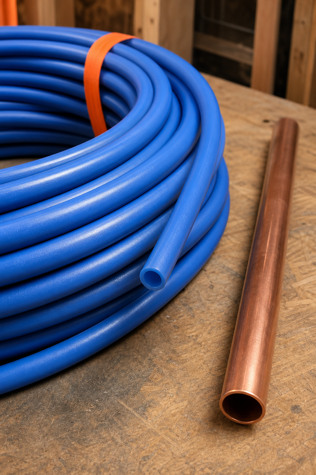 A photorealistic close‑up of blue PEX‑A tubing coiled on a workbench next to a copper pipe, showing texture and color contrast, alt=